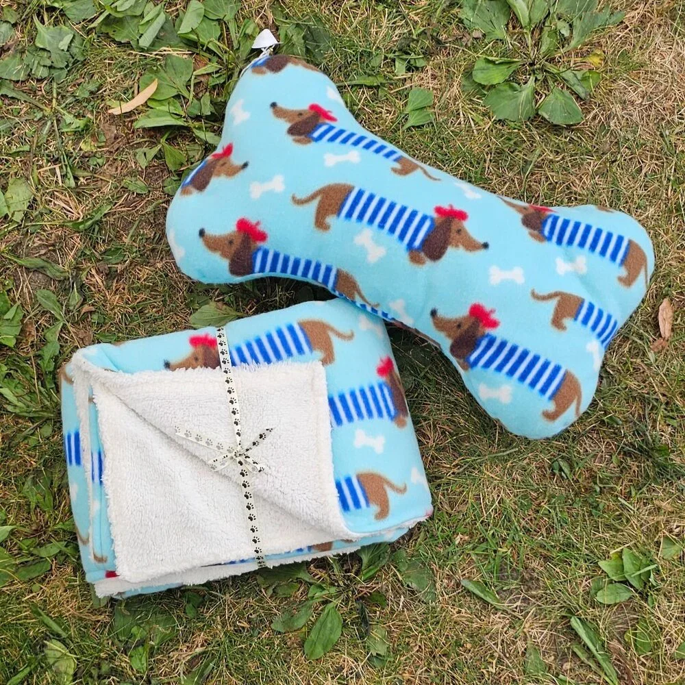 NEW Fleece Blanket + LARGE Bone Pillow Set | Baby Puppy Dog Toy | Photo Props